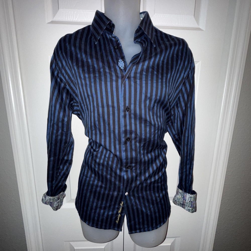 Robert Graham Mens L Shirt Blue/Black Stripe Long Sleeve Flip Cuff 100% Cotton